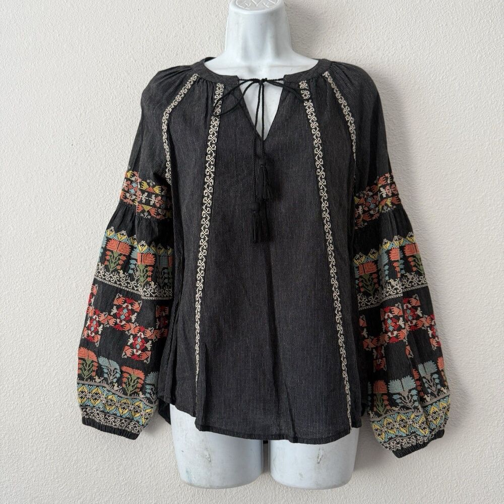 Sundance Boho Embroidered Peasant Blouse PS Black Cotton Pinstripe Balloon SL